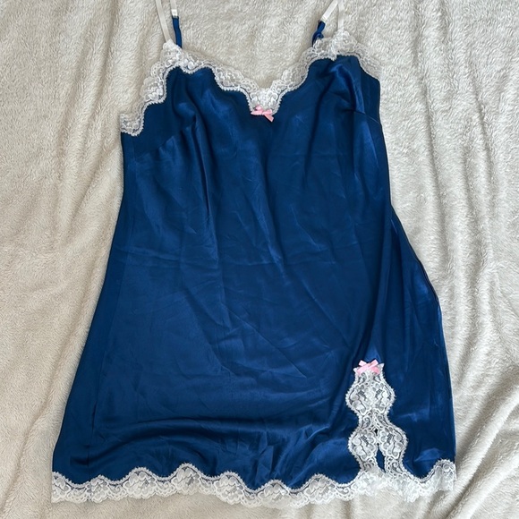 Victoria’s Secret Satin Slip Dress – Size Large | Navy Lace | Soft Glam | - Picture 1 of 6